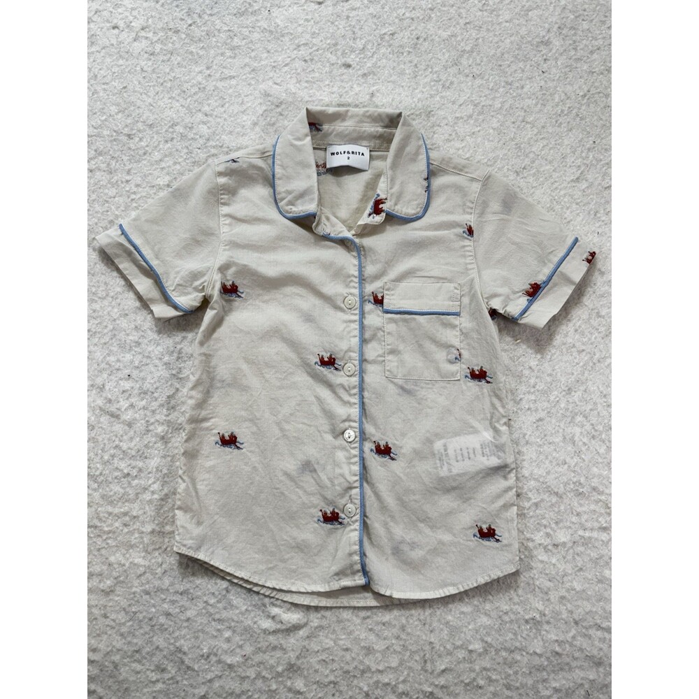 Wolf & Rita Size 2T Button Up Summer Shirt Cotton Fisherman Embroidery